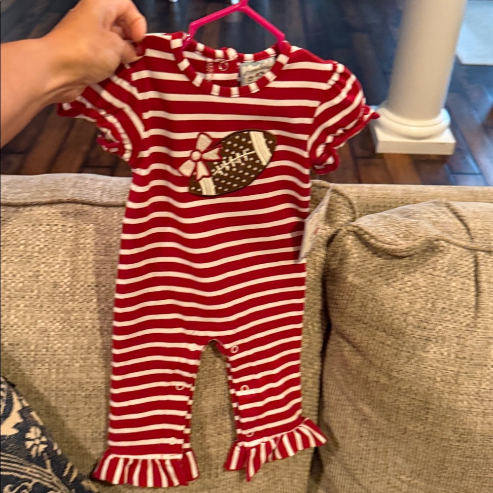 Three sisters Red and White Striped Baby Romper with Football Design